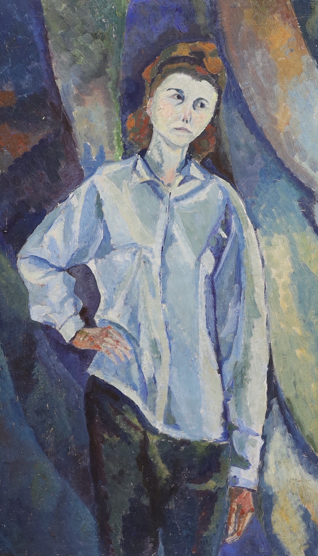 Modern British, oil on board, figure study, 90 x 53cm